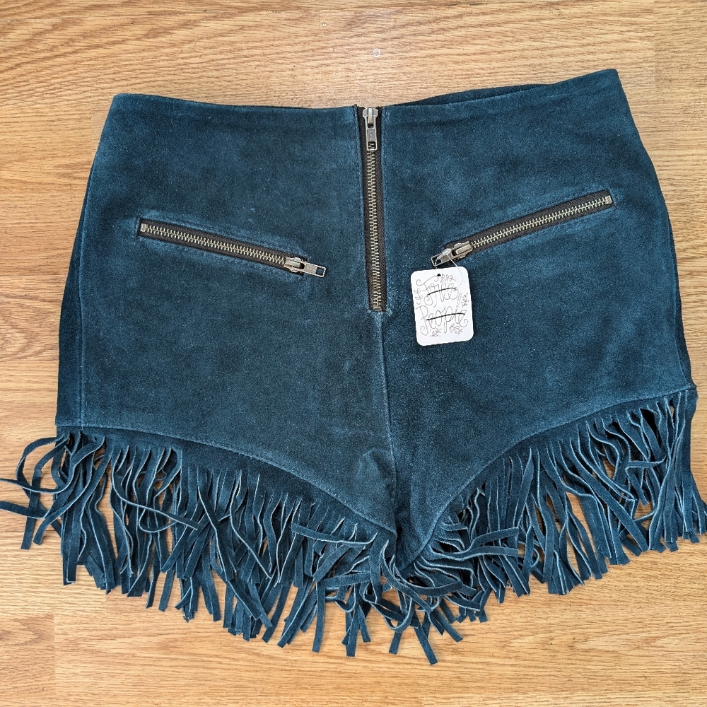 Free People Understated Leather Suede Shorts Teal Fringed Small (4) (flaw)